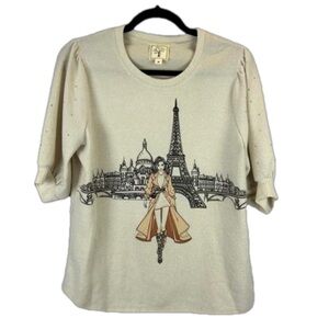 Color Tree Paris Eiffel Tower Graphic Sweater Cream Puff Sleeve Rhinestone Knit